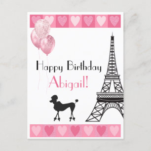 Happy Birthday Pink Heart Eiffel Tower Poodle Postcard