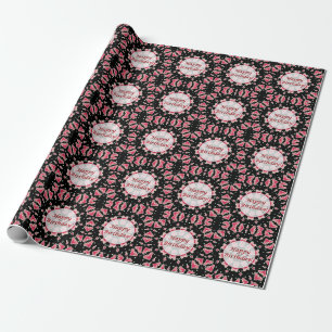 Happy Birthday Pink Heart Mandala Black Wrap Paper