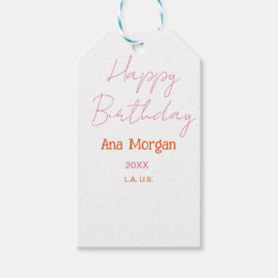 HAPPY BIRTHDAY PINK ORANGE NAME SIMPLE YEAR PLACE GIFT TAGS