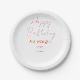 HAPPY BIRTHDAY PINK ORANGE NAME SIMPLE YEAR PLACE PAPER PLATE