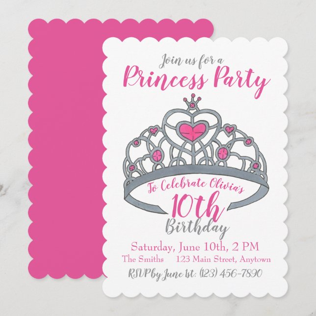 Happy Birthday Pink Princess Party Tiara Crown Invitation (Front/Back)