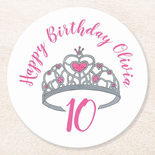 Happy Birthday Pink Princess Party Tiara Crown Round Paper Coaster (Front)