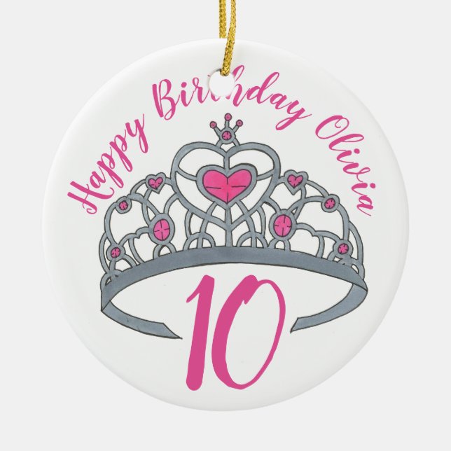 Happy Birthday Pink Princess Tiara Crown Ceramic Tree Decoration (Front)