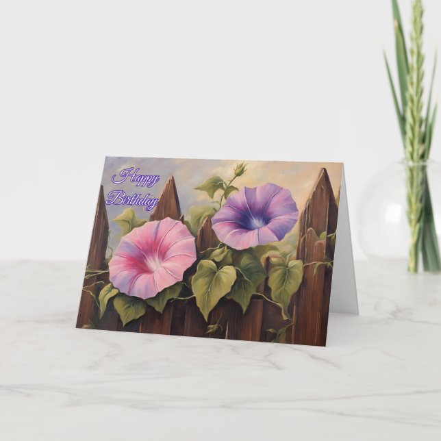Happy Birthday Pink Purple Morning Glory Flowers Card (Front)