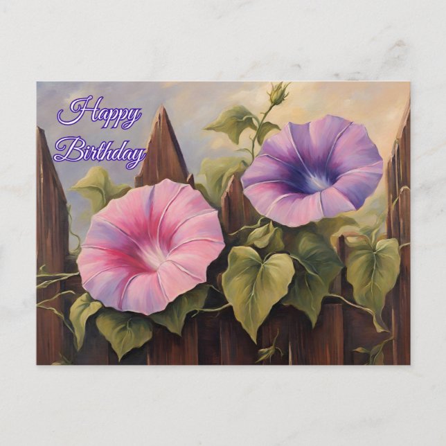 Happy Birthday Pink Purple Morning Glory Flowers Postcard (Front)