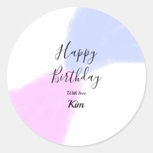 Happy birthday pink purple pastel name simple eleg classic round sticker