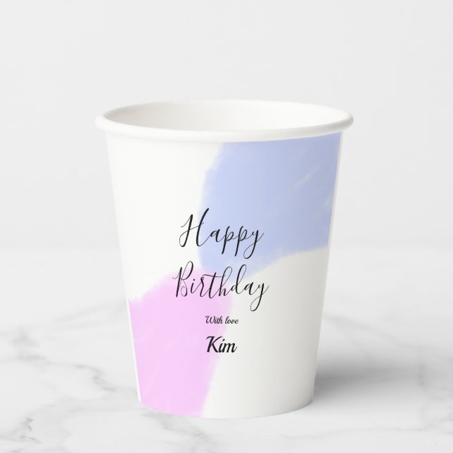 Happy birthday pink purple pastel name simple eleg paper cups (Front)