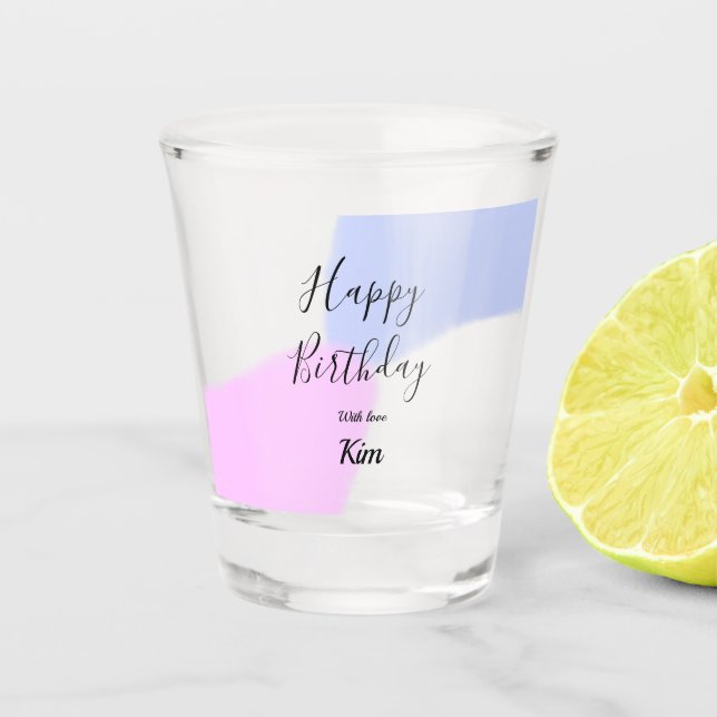 Happy birthday pink purple pastel name simple eleg shot glass (Front)