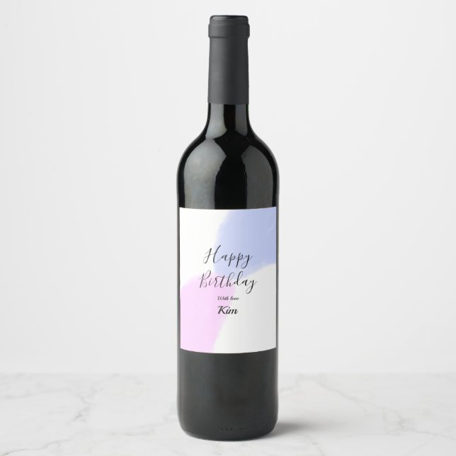 Happy birthday pink purple pastel name simple eleg wine label (Front)