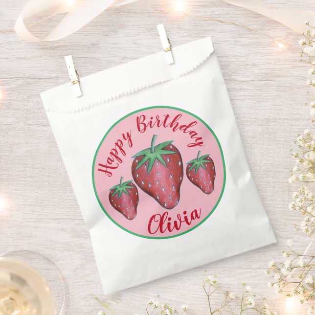 Happy Birthday Pink Red Sweet Strawberry Berries Favour Bags (Clipped)