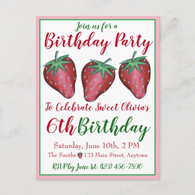 Happy Birthday Pink Red Sweet Strawberry Berries Invitation Postcard (Front)