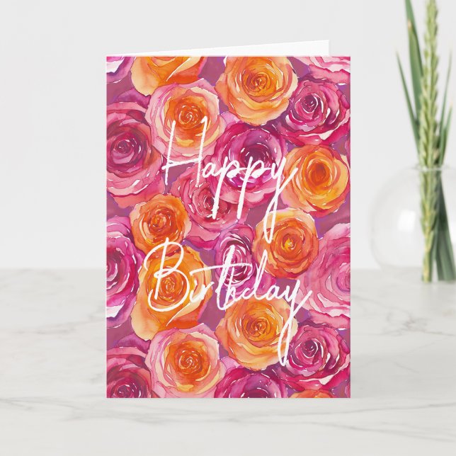 Happy Birthday Pink Rose Folded Greeting Card (Front)