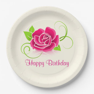 Happy Birthday Pink Rose Illustration Paper Plate