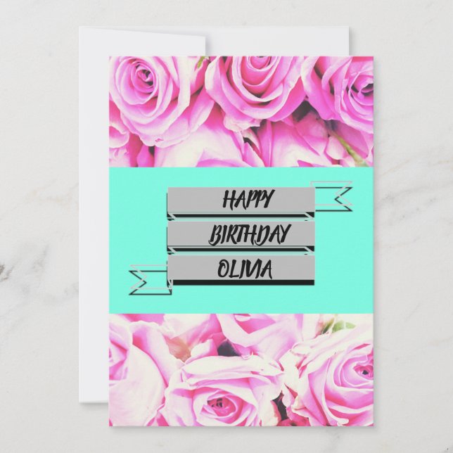 Happy Birthday pink rose name Card (Front)