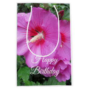 Happy Birthday Pink Rose of Sharon Flower Photo   Medium Gift Bag