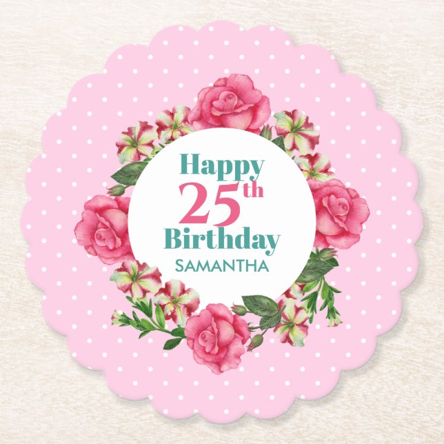 Happy Birthday Pink Rose Red White Petunia Polka Paper Coaster (Front)