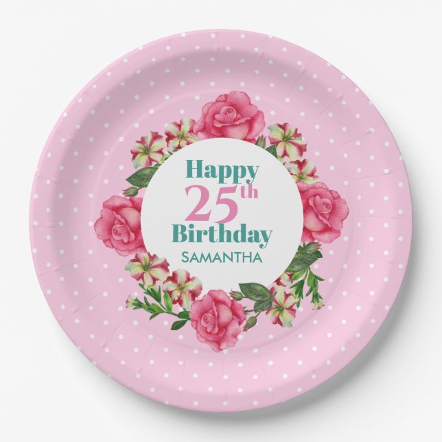 Happy Birthday Pink Rose Red White Petunia Polka Paper Plate (Front)