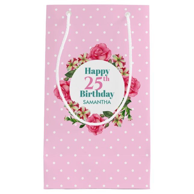 Happy Birthday Pink Rose Red White Petunia Polka Small Gift Bag (Front)