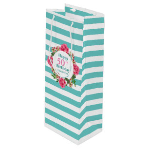 Happy Birthday Pink Rose Red White Petunia Stripes Wine Gift Bag