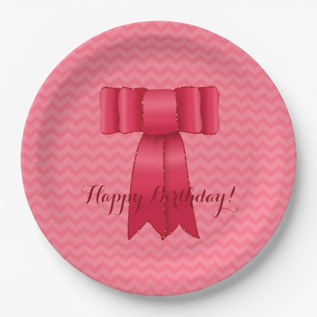 Happy Birthday! Pink Satin Bow Paper Plates 9" (Front)
