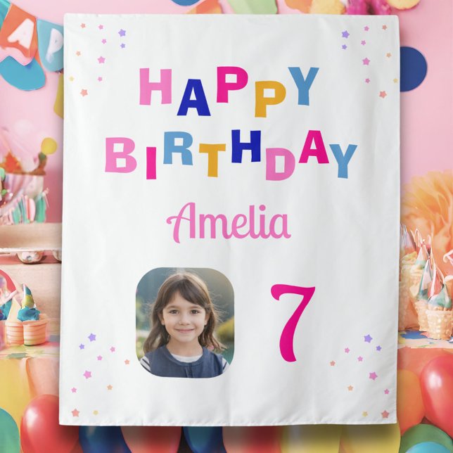 Happy Birthday Pink Stars Girl Photo Backdrop  Tapestry (Creator Uploaded)