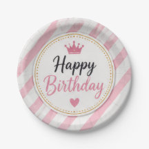 Happy Birthday Pink Striped Paper Plates