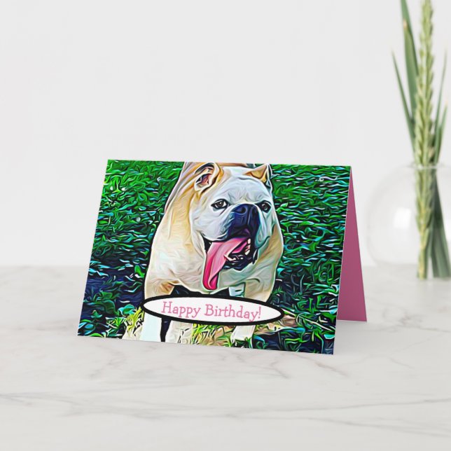 Happy Birthday, pink text bulldog with tongue out Card (Front)