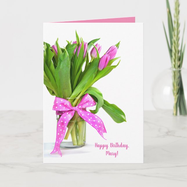 Happy Birthday pink tulips in vase Card (Front)