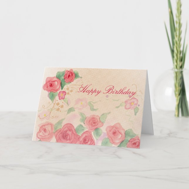 Happy Birthday Pink Victorian Rose Watercolor Art Card (Front)