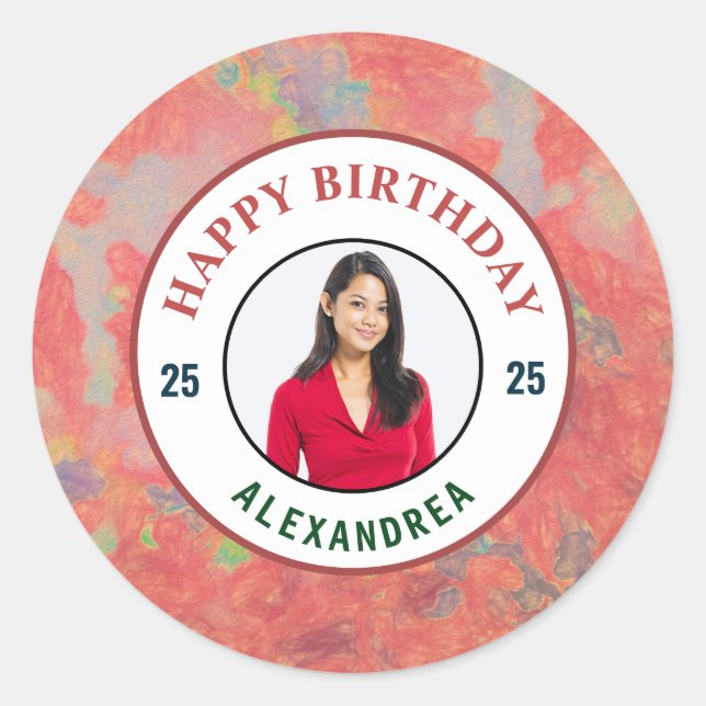 Happy Birthday Pink Watercolor Photo Personalise Classic Round Sticker (Front)