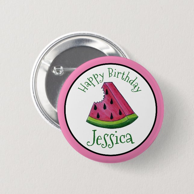 Happy Birthday Pink Watermelon Slice Fruit Picnic 6 Cm Round Badge (Front & Back)