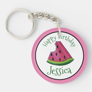 Happy Birthday Pink Watermelon Slice Fruit Picnic Key Ring