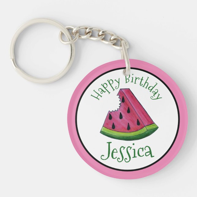 Happy Birthday Pink Watermelon Slice Fruit Picnic Key Ring (Front)