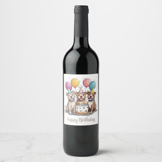 Happy Birthday Pit Bull Dogs Wine Label (Front)