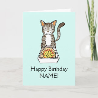 Happy Birthday Pizza Cat Card Personalise Template