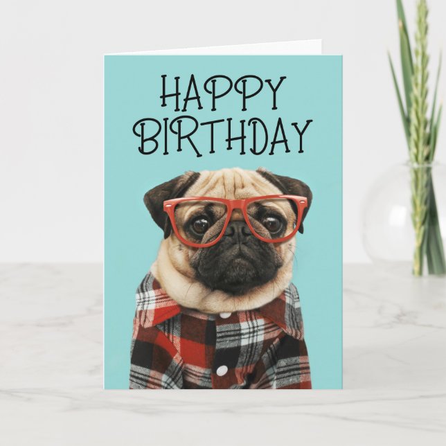 Happy Birthday | Plaid Shirt Pug Card (Front)