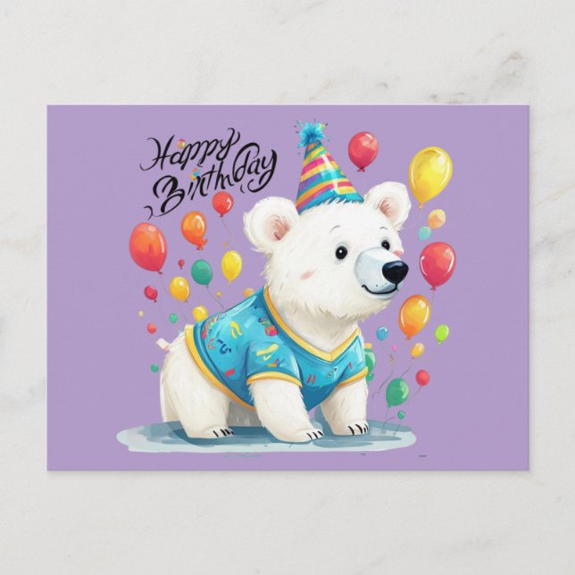 Happy Birthday Polar Bear Balloons Party Art Postcard (Front)
