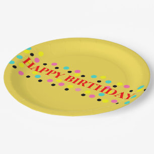 Happy Birthday Polka Dots Yellow Paper Plate