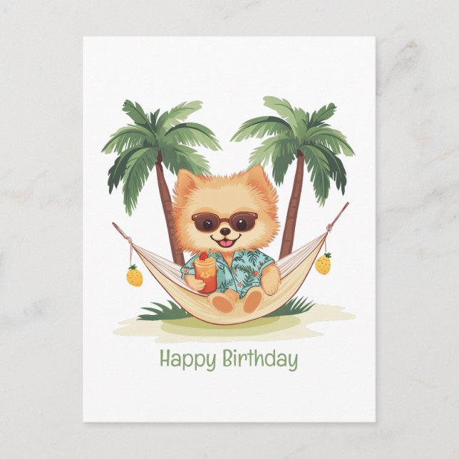 Happy Birthday Pomeranian Dog In A Hammock Postcard (Front)