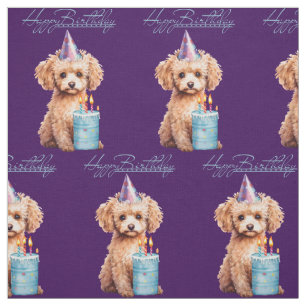 Happy Birthday Poodle with Party Hat & Bday Cake Fabric