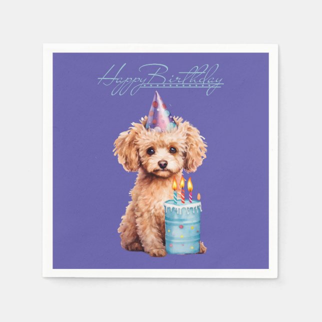 Happy Birthday Poodle with Party Hat & Bday Cake  Napkin (Front)