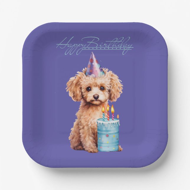 Happy Birthday Poodle with Party Hat & Bday Cake  Paper Plate (Front)