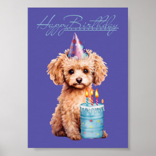 Happy Birthday Poodle with Party Hat & Bday Cake  Poster