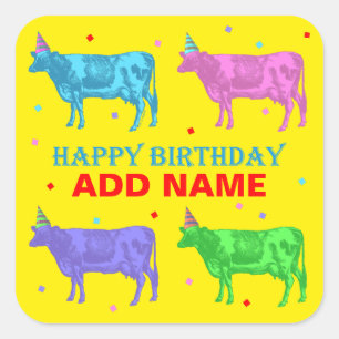 Happy Birthday Pop Art Cows Square Sticker