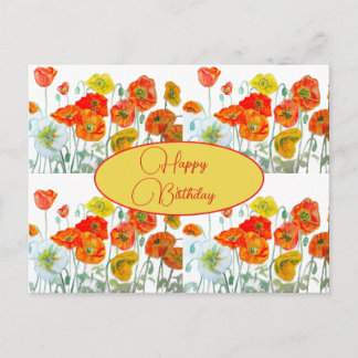 Happy Birthday Poppy floral Red Yellow Postcard