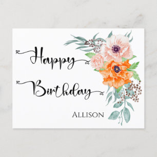 Happy Birthday Poppy Flowers Watercolor Postcard