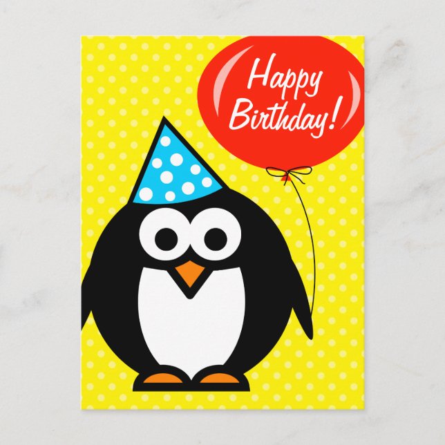 Happy Birthday postcard | cute penguin and balloon (Front)