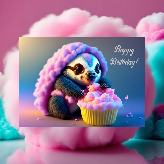 Happy Birthday Postcard, Sloth in cotton candy Postcard (Creator Uploaded)