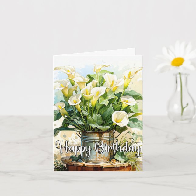 Happy Birthday Potted Blooming Calla Lilies Card (Small Plant)