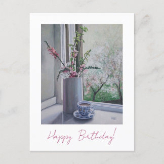Happy birthday pretty pink spring flowers floral postcard
